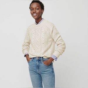 J. Crew Pom-Pom Chunky Cable-Knit Mock Neck Wool Blend Sweater in Cream size Med